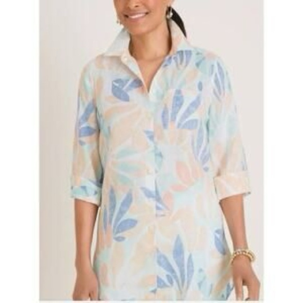 3/$30 ☀️ Chicos Top Orange Blue Floral Linen Tunic 3/4 Sleeve Button Up Shirt